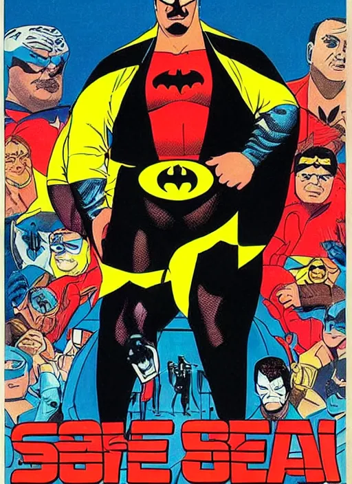 Image similar to an 8 0's john alvin superhero movie poster starring steven seagal as the character fat batman movie is called fat bat man