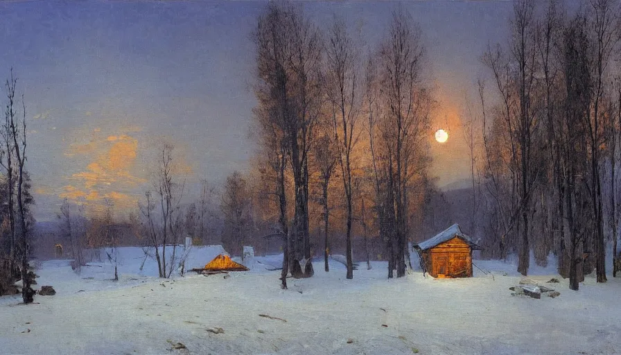 Prompt: wide scene of a siberian cabin at forest's edge in winter with smoking chimney under moonlight, by ilya repin, full resolution