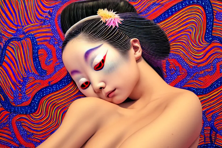 Prompt: hyperrealistic detailed image of a geisha laying in a art installation room, psychedelic background by yayoi kusama, part by kei mieno, part by alex gray, part by ross tran, part by james jean, ultra realistic, highly detailed, life like face, detailed body, 8 k, octane render, trending on artstation, very cohesive, masterpiece