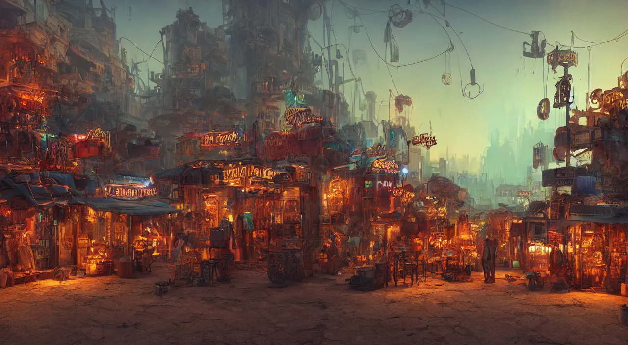 Prompt: a steampunk village in the desert, junk everywhere,neon lights, neon signs, magical atmosphere, mist, steam, photo realistic, 35mm, Matte painting, octane render, 8k, corona render, movie concept art by guido borelli da caluso