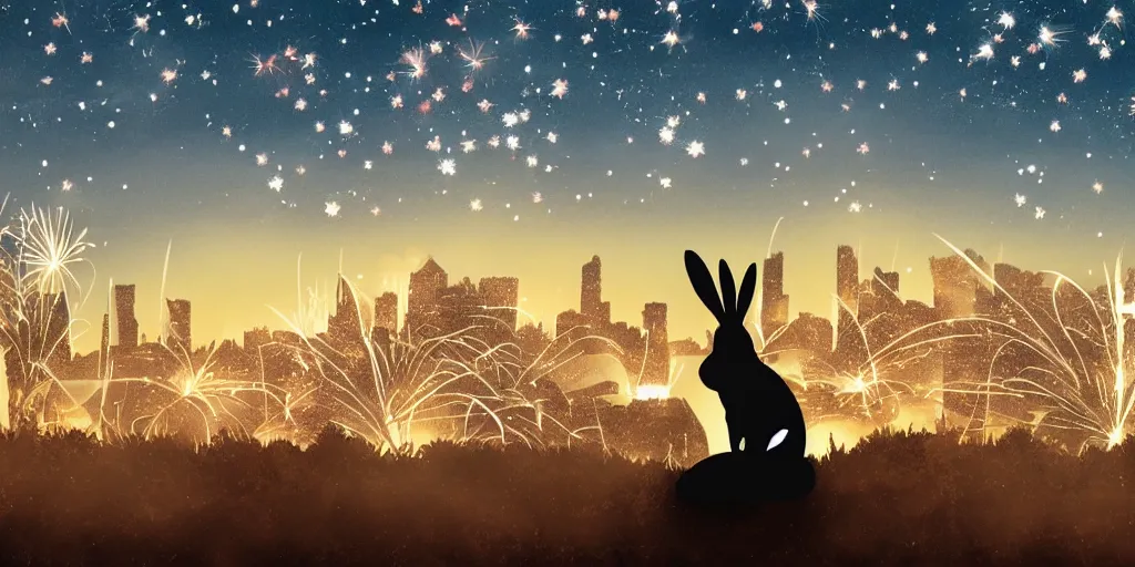 Image similar to a rabbit watching fireworks in the sky, sitting on a hill, city skyline in the background, nighttime, realistic digital art