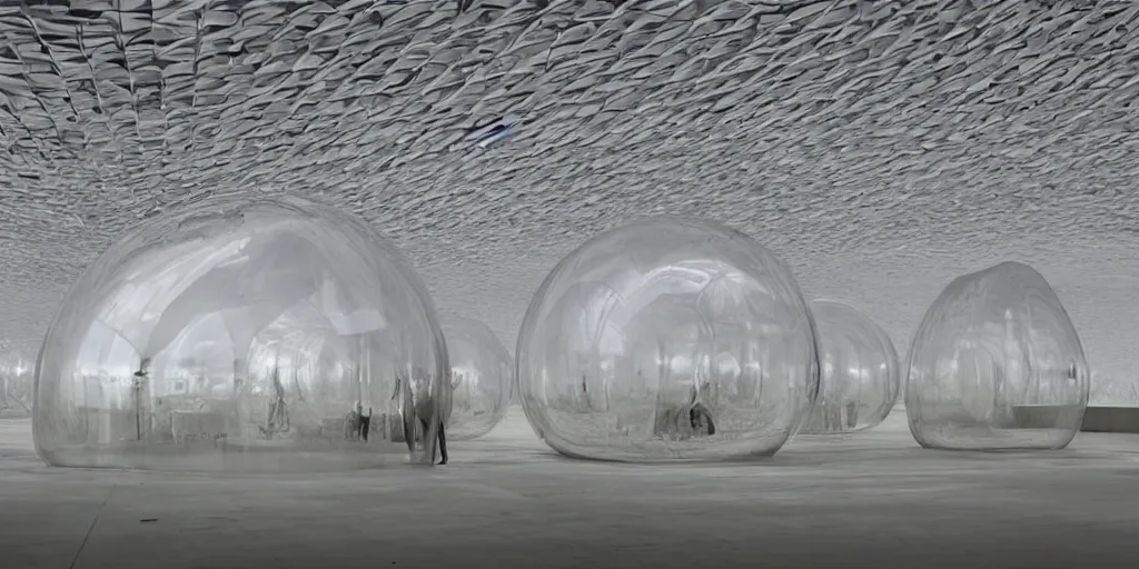 Prompt: huge transparent jell form in style by anish kapoor, in the parts by shih chieh huang, in a large concrete hangar, film still from the movie directed by denis villeneuve with art direction by zdzisław beksinski, close up, telephoto lens