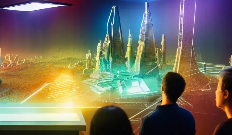 Prompt: crowd of people in open museum, looking at hologram of futuristic city on a table, cinematic concept art, godrays, golden hour, natural sunlight, 4 k, clear details, tabletop model buildings, center model buildings, hologram center, crane shot, wide shot, high shot