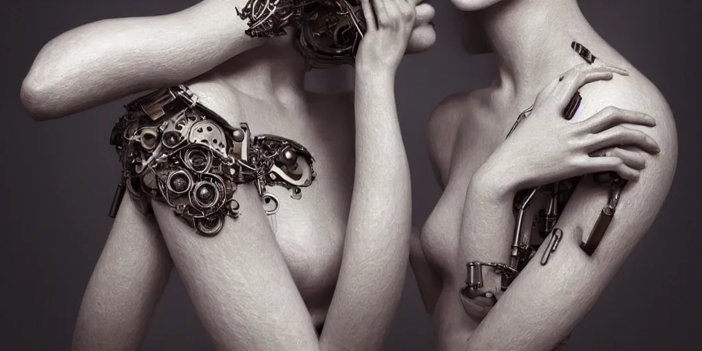 Image similar to hyperrealistic photography of a stunningly beautiful cyborg female, mechanical elbow, plated arm, intimate, holding hands, in the style of beth cavener, jin kagetsu,, and wlop, highly detailed, intricate, face symmetry, masterpiece, award - winning, sharp focus, concept art, high key, ambient lighting, 8 k, artstation