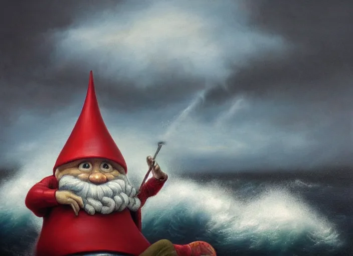 Image similar to a terrified garden gnome sailing in a bucket, background of raging ocean on a stormy day with dramatic clouds, an ultrafine detailed painting by mark ryden, trending on deviantart, pop surrealism, whimsical, lowbrow, rainy, perfect symmetrical face