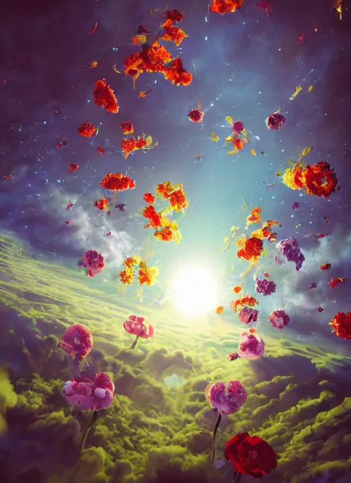 Image similar to An epic fantastic realism comic book style painting of the most beautiful flowers launched into space, bouquets, fisheye lens, unreal 5, DAZ, hyperrealistic, octane render, dynamic lighting