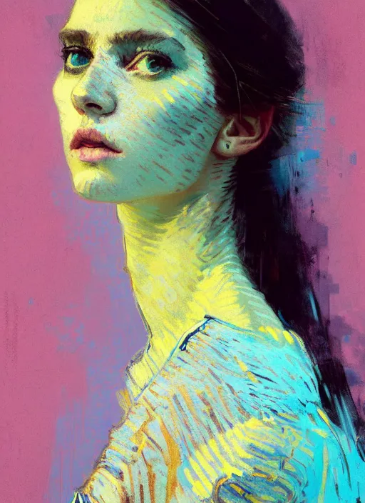 Image similar to portrait of a beautiful girl, new york backdrop, very sad, pastel shades of light blue and light yellow, beautiful face, rule of thirds, intricate outfit, spotlight, by greg rutkowski, by jeremy mann, by francoise nielly, by van gogh, digital painting