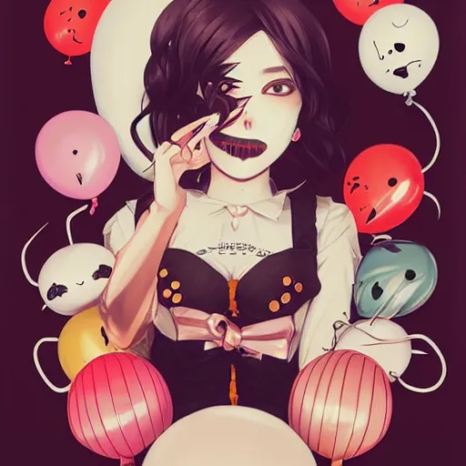 Image similar to anime skull portrait woman balloons, hello kitty, elegant, highly detailed, hard shadows and strong rim light, art by jc leyendecker and atey ghailan and sachin teng