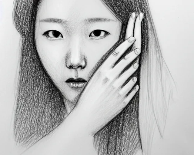 Image similar to a drawing of a woman covering her face with her hands, a sketch by kim eung - hwan, trending on pixiv, context art, pencil sketch, high detail, kinetic