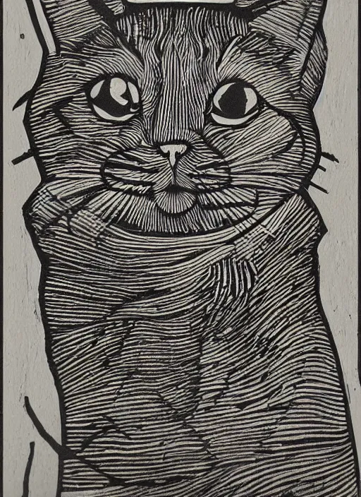 Prompt: cat woodcut print by Samuel Jessrun de Mesquita