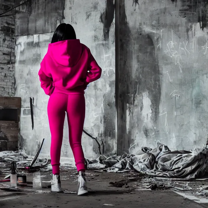 Prompt: kylie jenner doing graffiti in a derelict garage, dust mist, rear-shot, pov from behing, tight leggings with a pink hoody with hood up, mold, greenery, intricate, epic lighting, cinematic composition, hyper realistic, 8k resolution, unreal engine 5