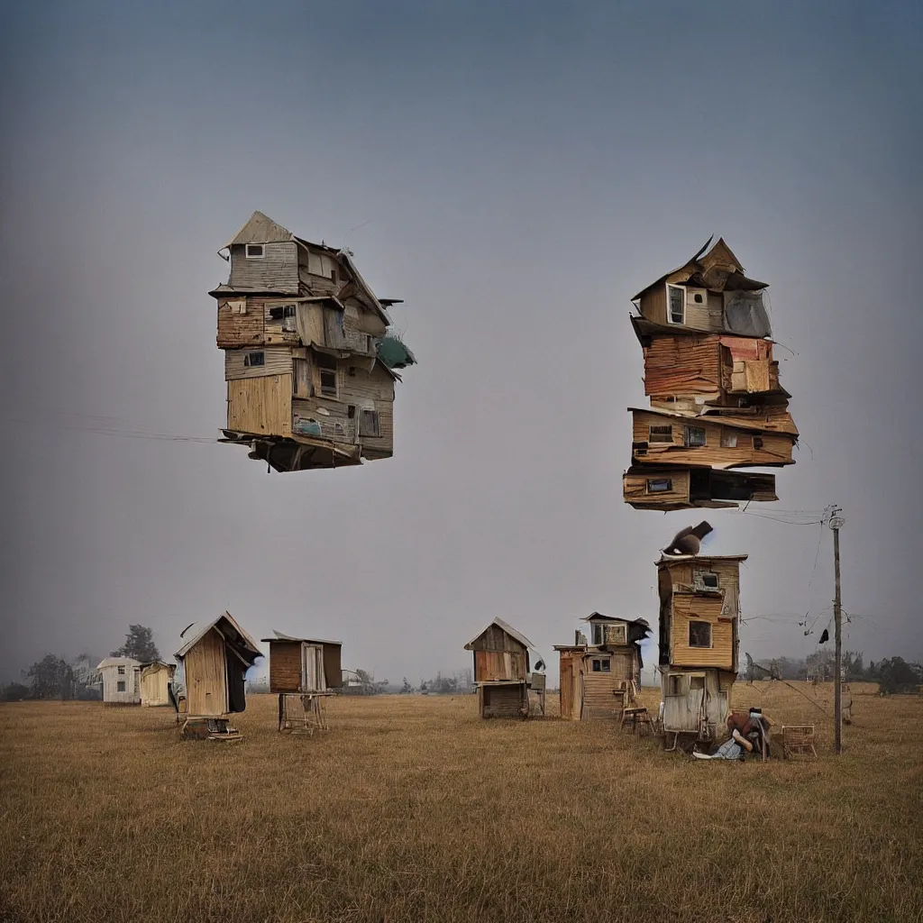 Image similar to towers made up of stacked makeshift squatter shacks with faded colours suspended over a quagmire, plain uniform sky at the back, misty, mamiya, ultra sharp, very detailed, photographed by julie blackmon, cristina de middel and john chiara