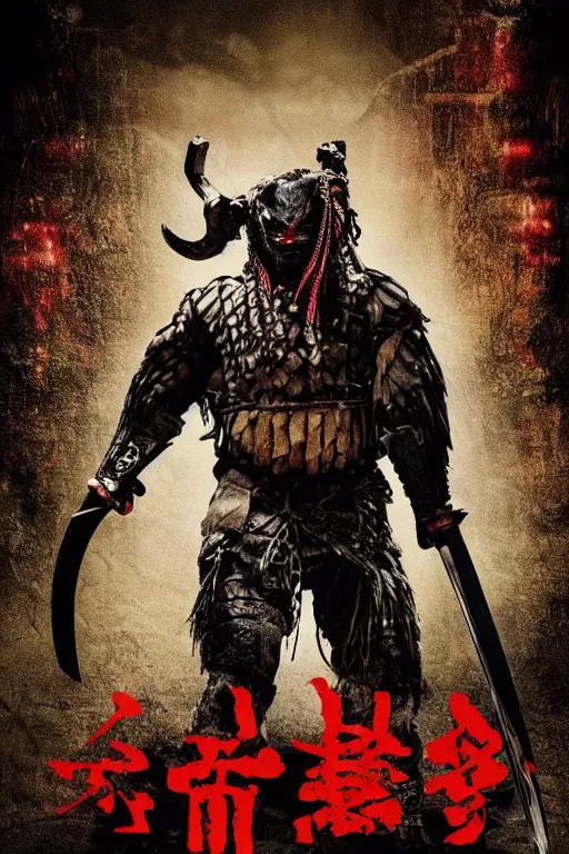 Prompt: movie poster for predator film shot in feudal japan staring hiroyuki sanada as a disgraced ronin, who hunts down the predator after he fails to protect his master from it