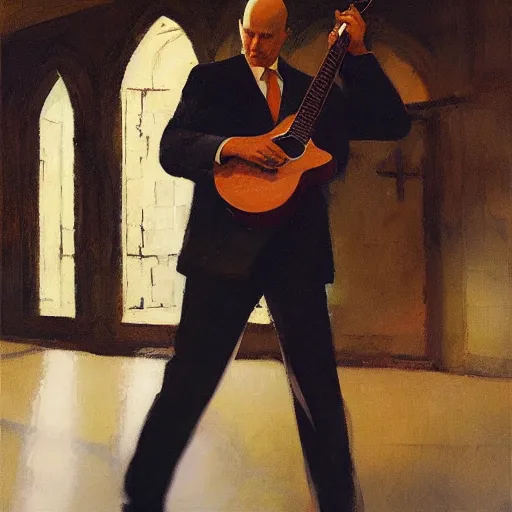 Prompt: a portrait of agent 4 7 from hitman playing a guitar in a monestary, by gregory manchess, james gurney, james jean