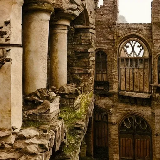 Prompt: in the harry potter universe far away at some ruins from a castle. a wizard is already there and summons a portal that would take me back home., late at night, aesthetic