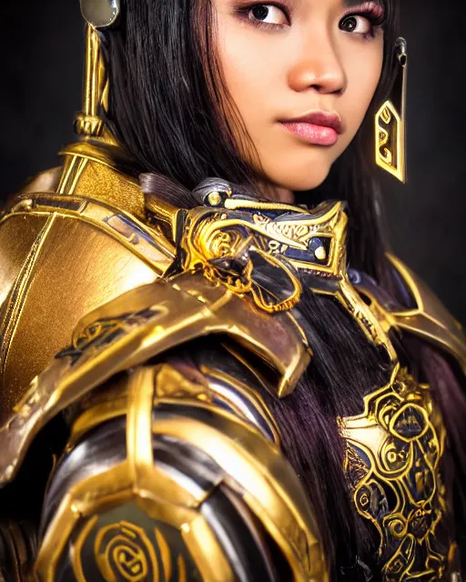 Image similar to a beautiful close up photo of a Filipina female with long hair and purple eyes, no helmet, wearing leather and gold futuristic steampunk armor, with ornate rune carvings and glowing lining, very detailed, shot in canon 50mm f/1.2