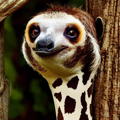 Prompt: giraffe sloth hybrid, bold natural colors, national geographic photography, masterpiece, full shot