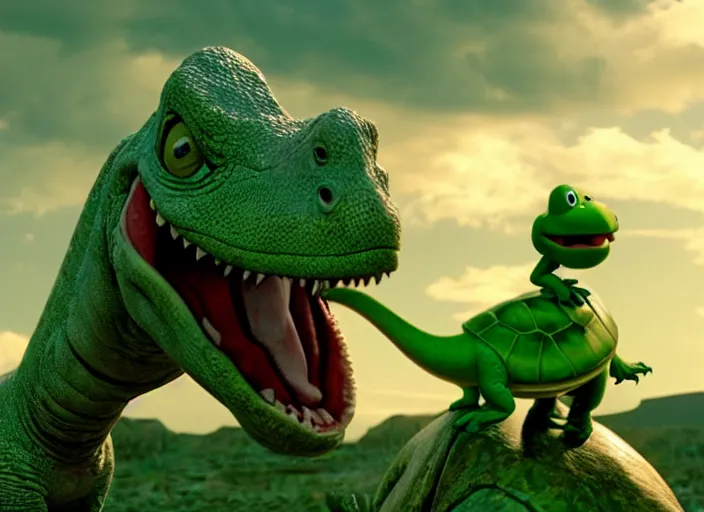 Image similar to film still of yoshi in the new sci - fi movie, upright dinosaur with a small turtle shell and long tongue, 8 k