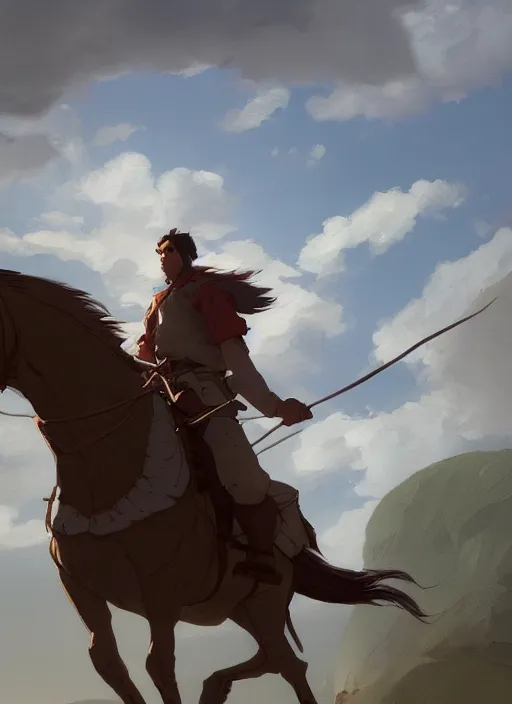 Prompt: a wholesome animation key shot a painting of a man riding a horse, concept art by hal foster, reddit, fantasy art, concept art, d & d, masculine dusk, by studio ghibli, animation, sharp, rendered in unreal engine 5, focused, anime key art by greg rutkowski, bloom, dramatic lighting