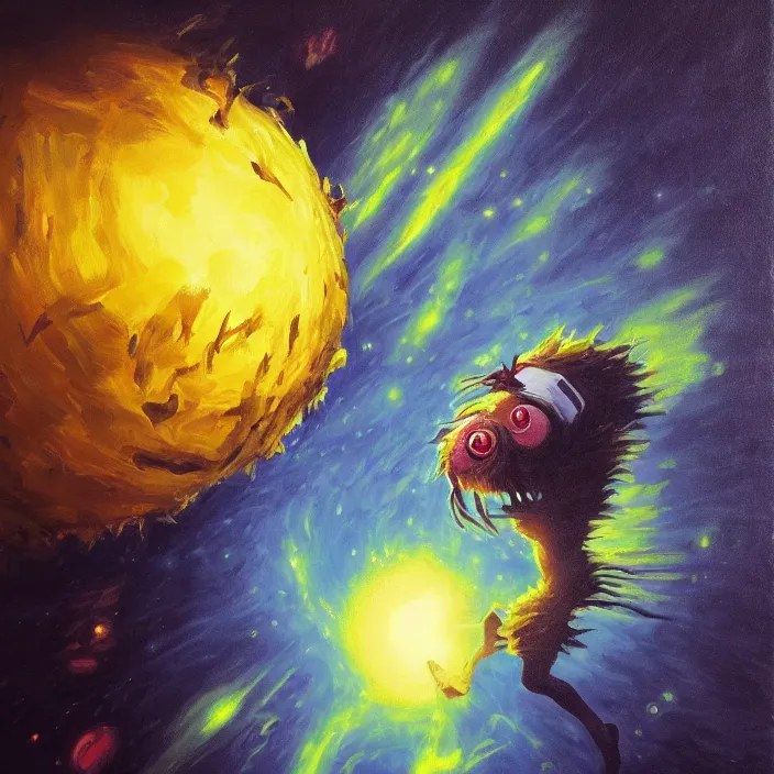 Image similar to cinematic portrait of a tennis ball monster in the abyss of space, oil on canvas, masterpiece, trending on artstation, featured on pixiv, cinematic composition, dramatic pose, beautiful lighting, sharp details, hyper-detailed, HD, HDR, 4K, 8K, art by Basil Gogos