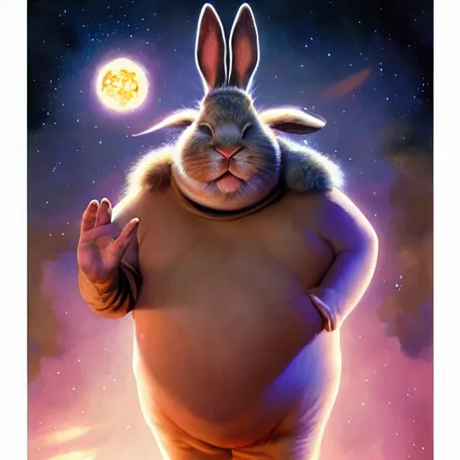 Image similar to hyper realistic, space balls, portrait of a mega derpy john candy, big chungus, with bunny ears, stoned, by greg rutkowski, scott m fischer, artgerm, loish, slight glow, atmospheric, anne stokes, alexandros pyromallis