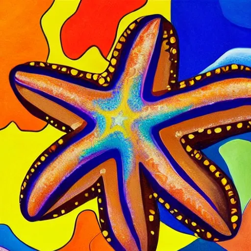 Image similar to a painting of a giant brown starfish with the words c and starfish in big letters. children in a school band playing nearby, playing instruments. realistic. ultra detailed. art by lisa frank