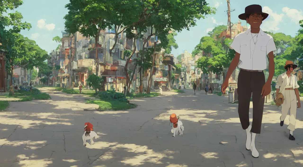 Image similar to a young man wearing a canotier cuban hat, crisp white linen shirt and slacks, leather boots, walking in a havanese stree in 1 9 0 0, genndy tartakovsky, atey ghailan, goro fujita, studio ghibli, rim light, mid morning lighting, clear focus, very coherent