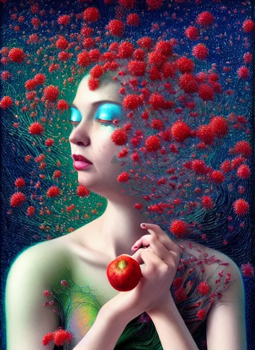 Image similar to hyper detailed 3d render like a Oil painting - Aurora (Singer) Eats of the Strangling Fruit and Her Hands full of gossamer polyp blossoms bring iridescent fungal flowers whose spores black the foolish stars by Jacek Yerka, Mariusz Lewandowski, Houdini algorithmic generative render, Abstract brush strokes, Masterpiece, Edward Hopper and James Gilleard, Zdzislaw Beksinski, Mark Ryden, Wolfgang Lettl, hints of Yayoi Kasuma, octane render, 8k