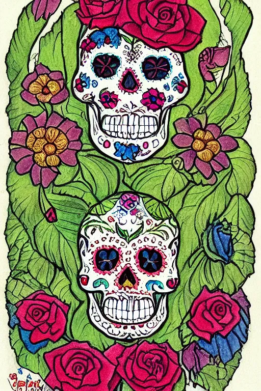 Image similar to Illustration of a sugar skull day of the dead girl, art by Elsa Beskow