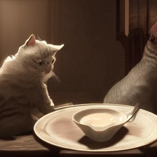 Image similar to cute cat drinks milk from a porcelain plate, in game pathologic 2, digital art, unreal engine, cinematic composition, sharp, details, hyper - detailed, hd