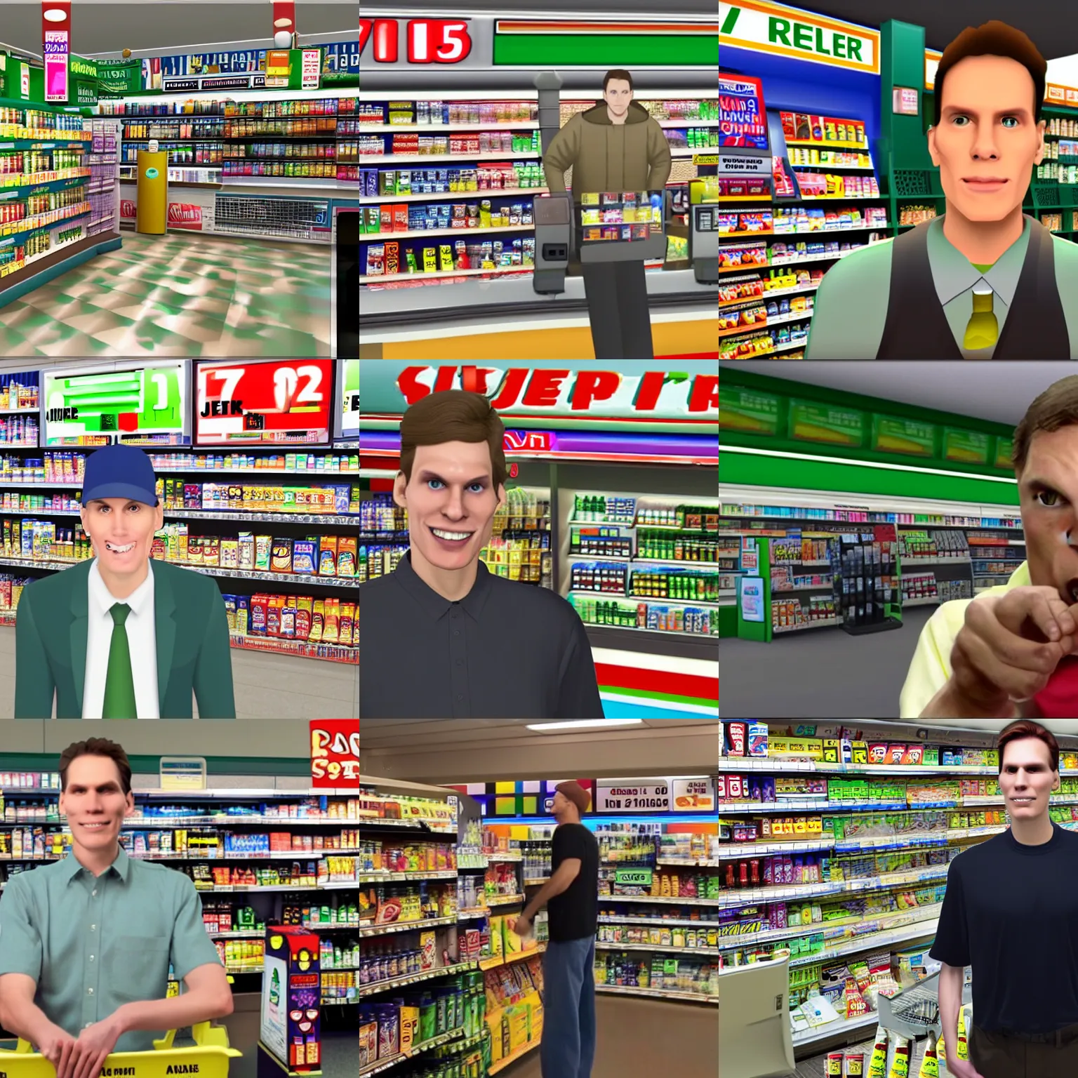 Prompt: Jerma985 robbing a 711, convenience store checkout background, Jerma