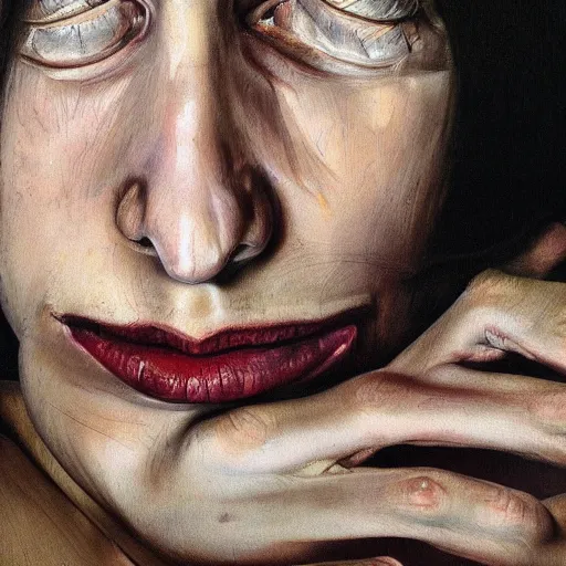 Prompt: high quality high detail painting by lucian freud, hd, portrait of a weeping goth girl, photorealistic lighting