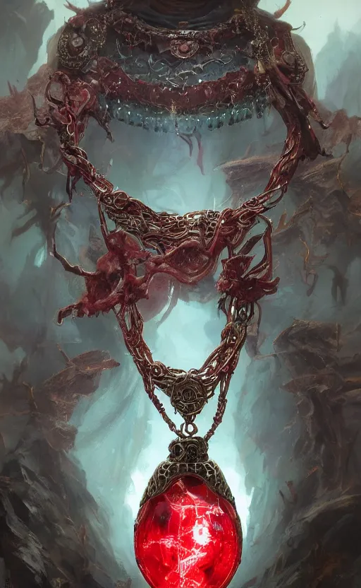Prompt: a close view of a necklace with a small red crystal pulsing light, cloth accessories, front game card, drark, marvel comics, dark, intricate, highly detailed, smooth, artstation, digital illustration by ruan jia and mandy jurgens and artgerm and wayne barlowe and greg rutkowski and zdislav beksinski