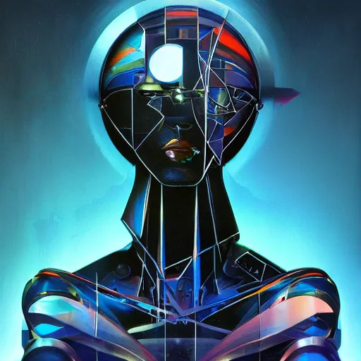 Image similar to scifi futurism automaton minimalism chrome by peter mohrbacher art Hajime Sorayama airbrush hyperrealism model abstract shatter fragments cubism futurism pastel blue soft flat minimal minimalism portrait face jackson pollock ukiyo-e lithograph mark ruthko swirl escape noise shimmer glow paint