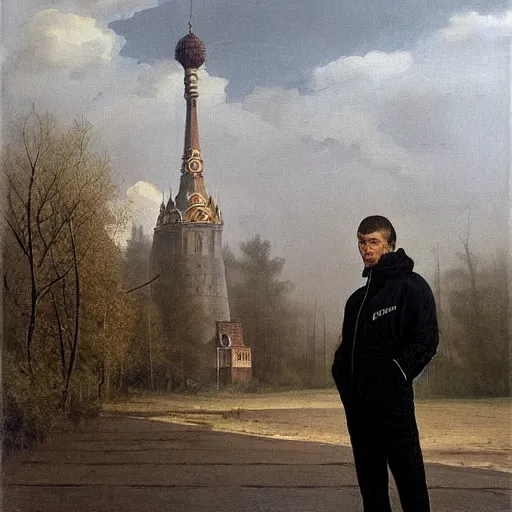 Prompt: Lonely gopnik in black adidas tracksuit standing in front of a tall Soviet panel building, moody, beautiful composition, beautiful painting by Ivan Shishkin