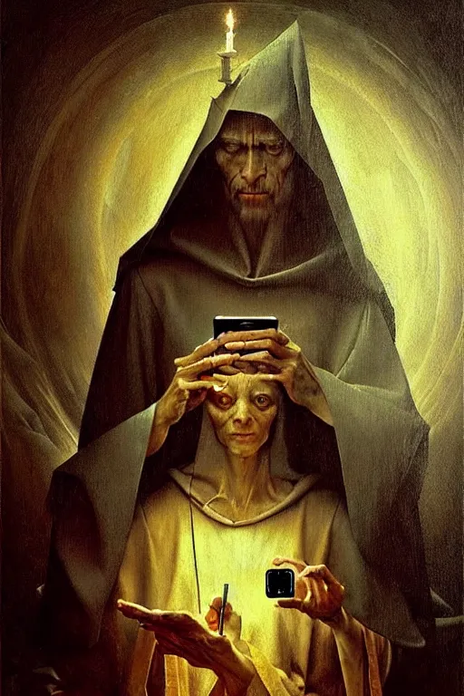 Prompt: hieronymus bosch, greg rutkowski, anna podedworna, painting of god using a cellphone