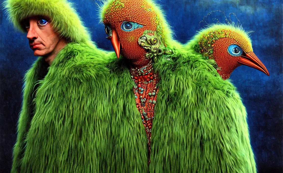 Image similar to realistic detailed portrait movie shot of a birdman wearing green fur coat, sci fi city landscape background by denis villeneuve, amano, yves tanguy, alphonse mucha, ernst haeckel, max ernst, roger dean, masterpiece, rich moody colours, blue eyes, occult