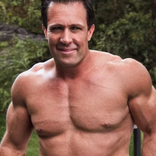Image similar to photo of a 4 0 year old man that looks young for his age that takes hgh and testosterone. he has no shirt on and his muscles are in view.