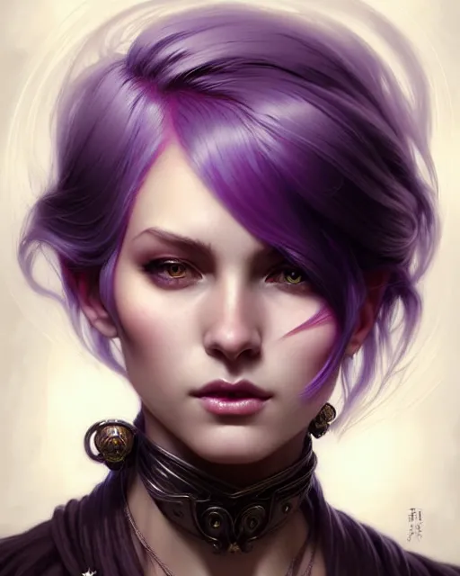 Image similar to fantasy portrait, pixie undercut hairstyle, black to purple fade hair color, intricate, elegant, sharp focus, illustration, highly detailed, digital painting, concept art, matte, art by WLOP and Artgerm and Greg Rutkowski and Alphonse Mucha, masterpiece