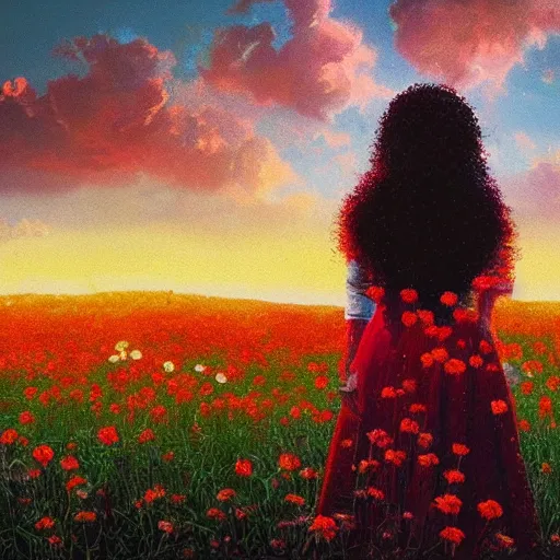 Image similar to large red flowers afro, full body, girl standing in the middle of a field with flowers, surreal photography, hills, sunrise dramatic light, impressionist painting, colorful clouds, digital painting, pointillism, artstation, simon stalenhag