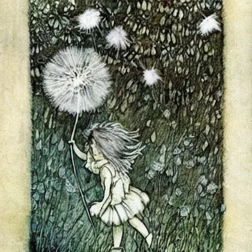 Image similar to a beautiful fairytale painting of a dandelion seed that is also a fluffy fairy. the dandelion seed is the body of the fairy. beautiful clear painting by arthur rackham