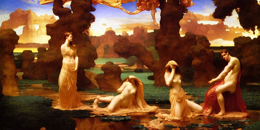 Prompt: an oasis in the middle of the desert, by Frederic Leighton and Daniel Maclise and Rolf Armstrong and Evelyn De Morgan and Bastien Lecouffe-Deharme, dutch golden age, dramatic lighting, high contrast colors, baroque, empyrean, panoramic view, cgsociety, highly detailed, doom engine,