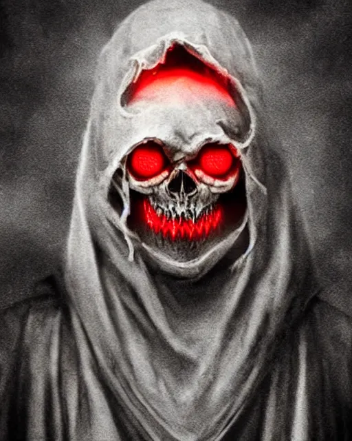 Prompt: rat's skull ghost - spirit of the grim - darkly shrouded cloak with glowing red eyes peering through tattered hood, midnight fog - mist!, cinematic lighting, various refining methods, micro macro autofocus, ultra definition, award winning photo, photograph by ghostwave - gammell - giger - shadowlord