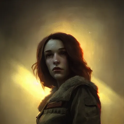 Image similar to fallout 5, charismatic brunette female protagonist, portrait, atmospheric lighting, painted, intricate, volumetric lighting, beautiful, daytime, sunny weather, slight overcast, sharp focus, deep colours, ultra detailed, by leesha hannigan, ross tran, thierry doizon, kai carpenter, ignacio fernandez rios