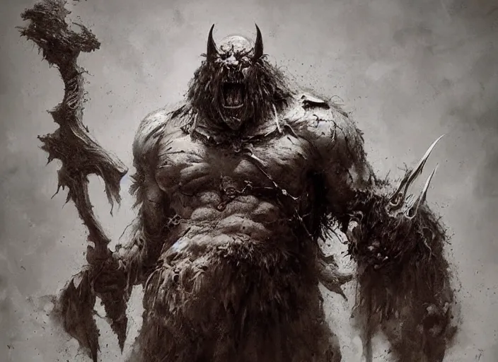 Prompt: feral orc chieftain concept, beksinski, ruan jia, the hobbit orc concept, dark soul concept