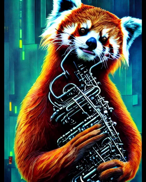 Image similar to a portrait of an anthropomorphic cyberpunk single red panda wailing on the saxophone by sandra chevrier, by jon foster, detailed render, tape deck, epic composition, cybernetics, 4 k realistic, cryengine, realistic shaded lighting, sharp focus, masterpiece, by enki bilal