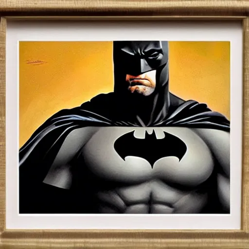 Image similar to An ultra-realistic portrait painting of Ben Affleck's Batman in the style of Frank Frazetta. 4K. Ultra-realistic. Highly detailed. Dark fantasy. Epic lighting.