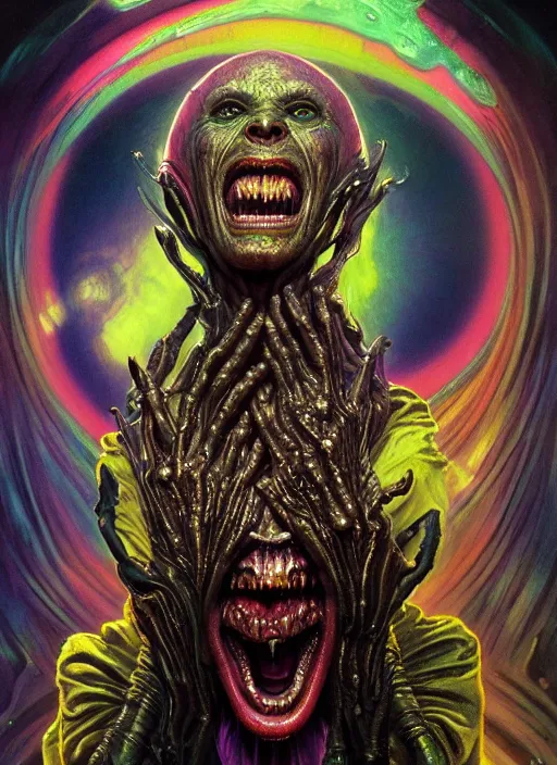 Image similar to masterpiece portrait of an screaming alien priest, surrounded by chromatic liquid swirls, psychedelic, dramatic lighting, h. r. giger, greg rutkowski, alphonse mucha, artgerm, donato giancola, tom bagshaw, trending on cgsociety, octane render, 8 k