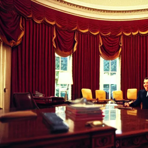 Image similar to President Richard Nixon in the Oval Office. White House photo. Dramatic lighting, color.