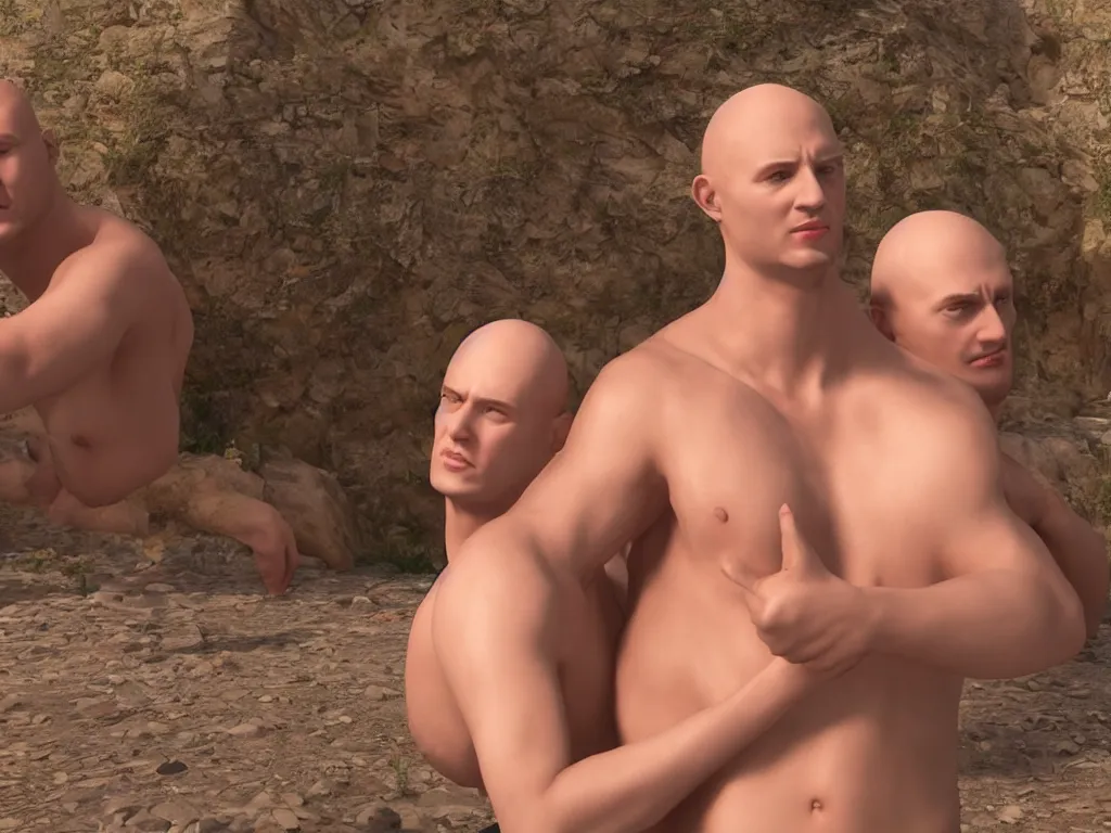 Prompt: a hyperrealistic portrait of two bald men touching nipples, unreal engine 8k